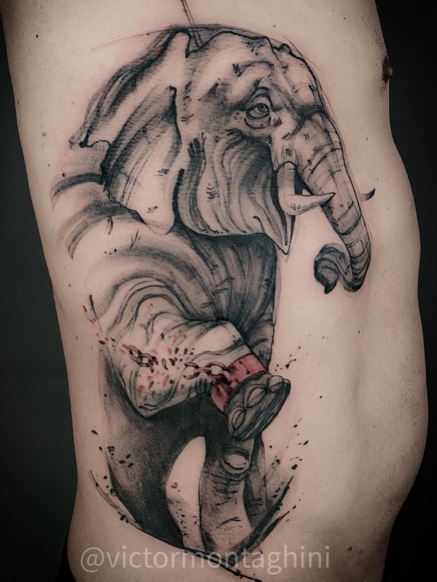 Tatouage éléphant Et Chaîne Brisée 