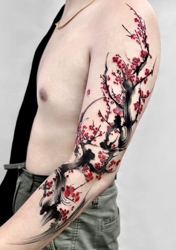 Tatouage Bras Trois Quarts Homme Fleurs De Prunier 