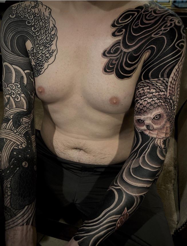 Tatouage Bras Homme Pieuvre Et Vague Vs Chouette Et Nuage 