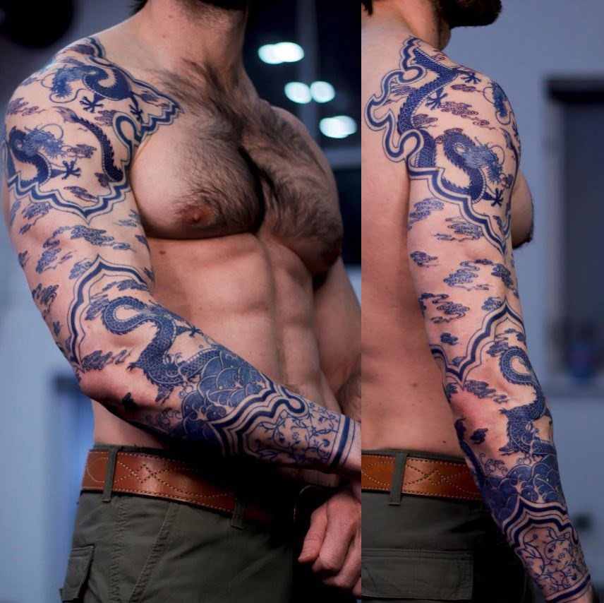 Tatouage Bras Homme Dragons Bleus 