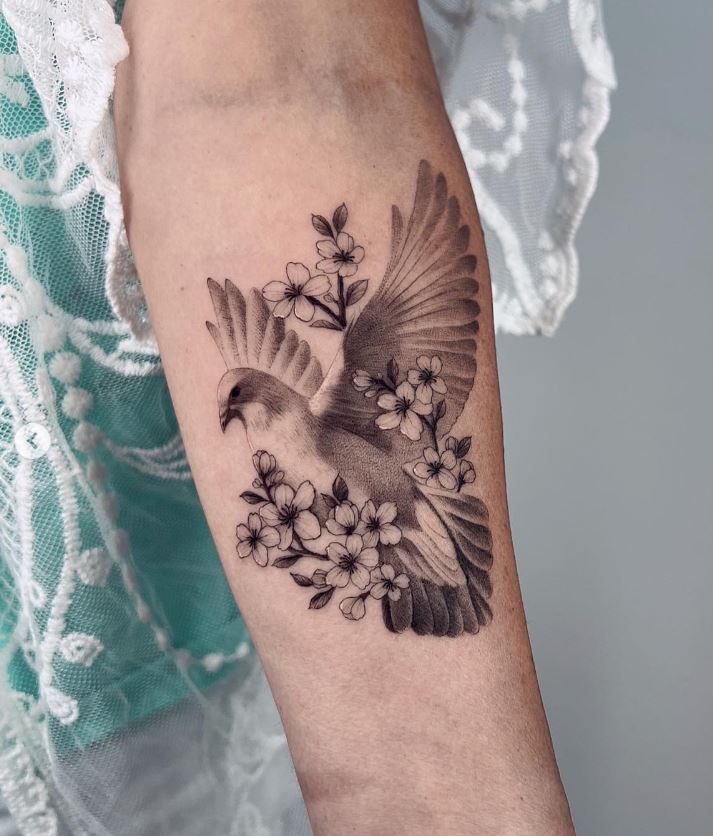 Tatouage Colombe Et Fleurs De Cerisier 