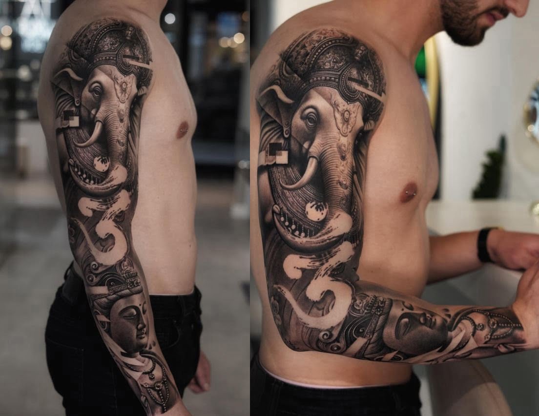 Tatouage Bras Homme éléphant Et Bouddha