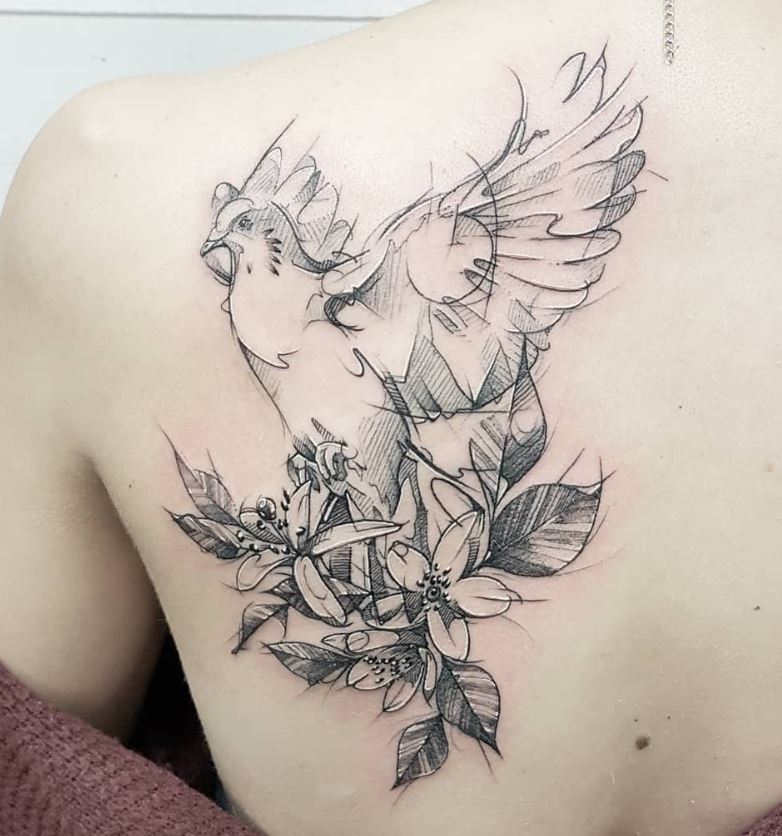 Tatouage Colombe Et Fleurs D'oranger 