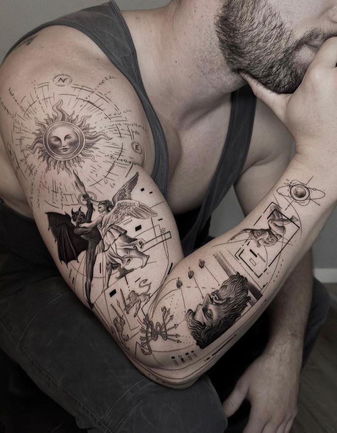 Tatouage Bras Entier Homme Ange Et Démon Géométrique 