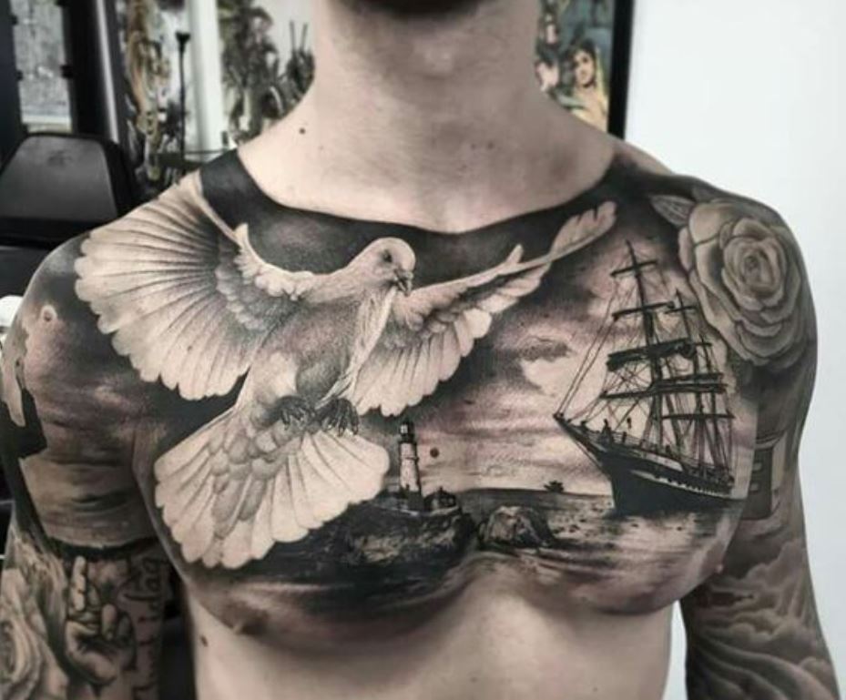 Tatouage Colombe, Phare Et Navire 