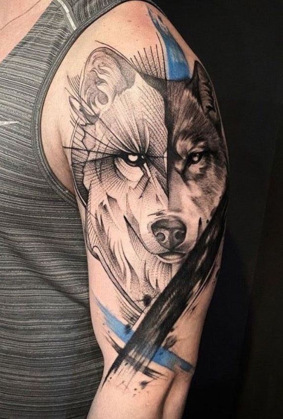 Tatouage Haut Du Bras Homme Loup Graphique 