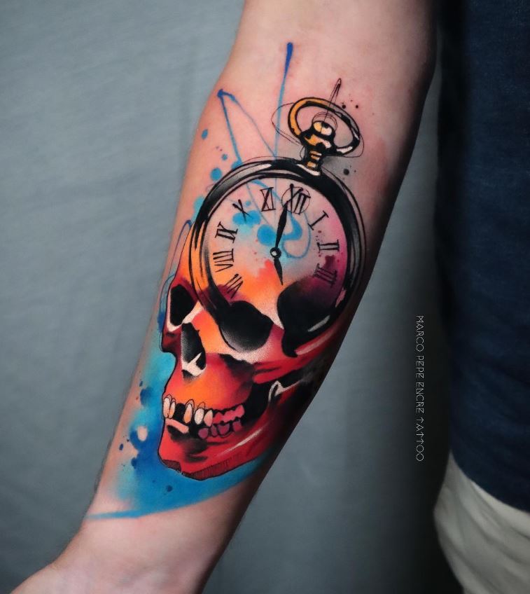  Tatouage Avant Bras Homme Crâne Et Montre à Gousset 