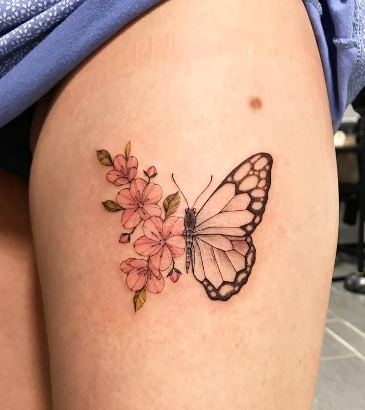 Tatouage Fleur De Cerisier Et Papillon 