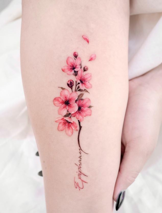 Tatouage Fleur De Cerisier Et Mot 