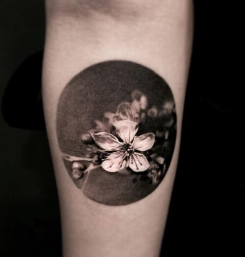 Tatouage Fleur De Cerisier Japonais Noir Et Blanc