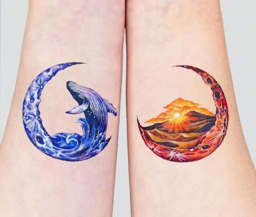 Tatouage Croissant De Lune Coloré Pour Meilleure Amie 