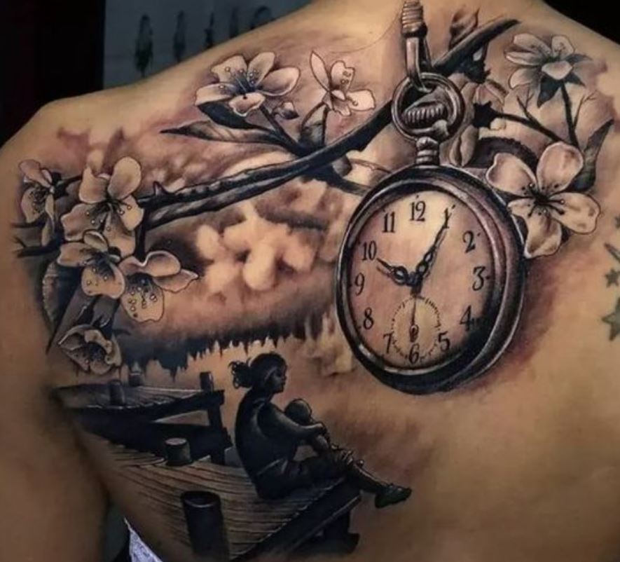 Tatouage Horloge Et Fleurs De Cerisier 