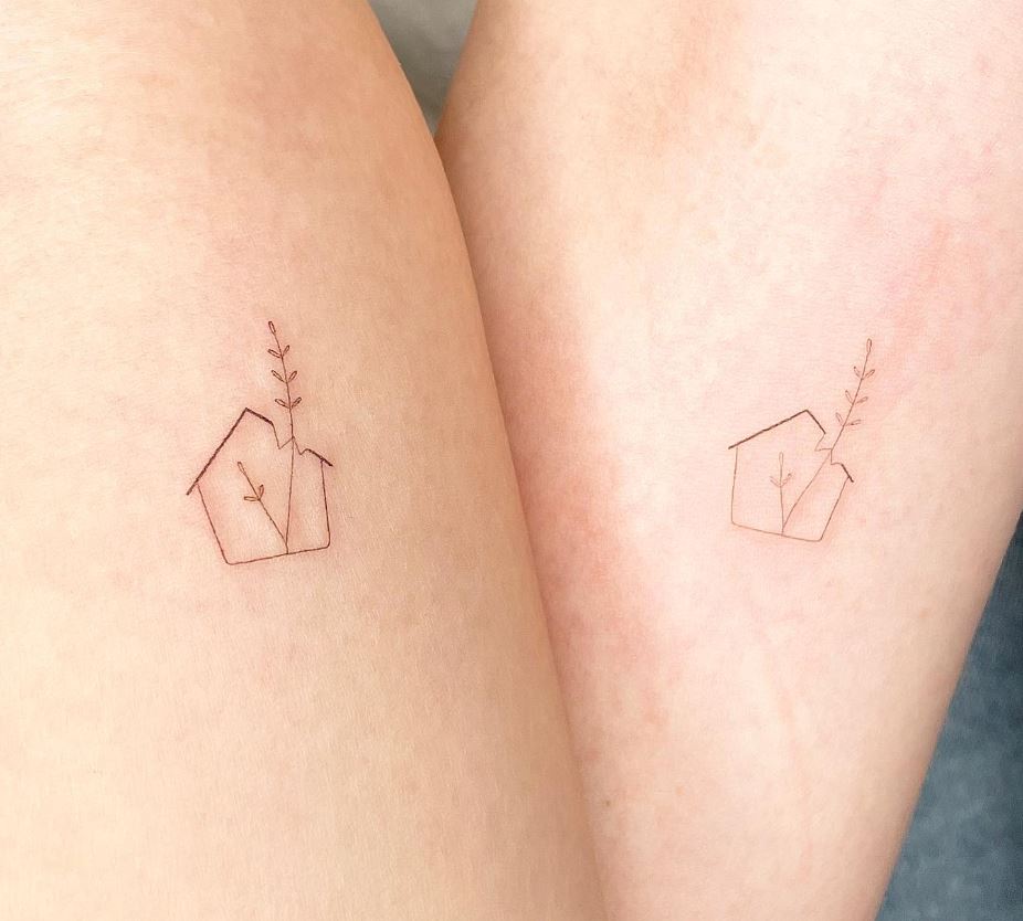 Tatouage Frère Et Sœur Maisonnée Et Feuilles 