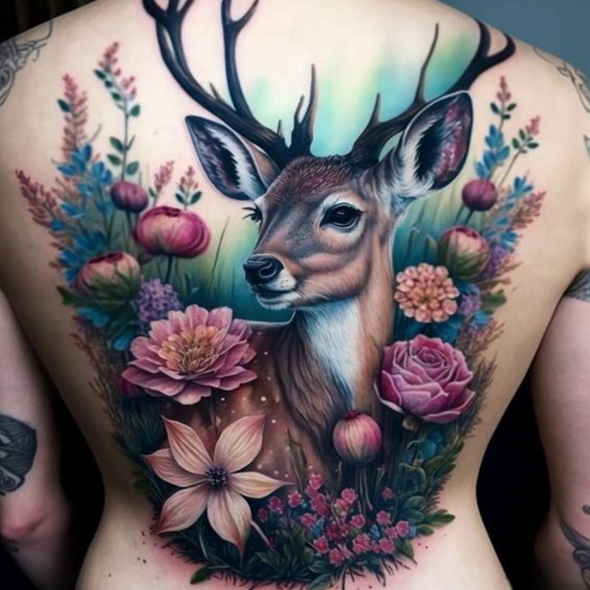 Tatouage Cerf Et Fleurs Sur Le Dos 