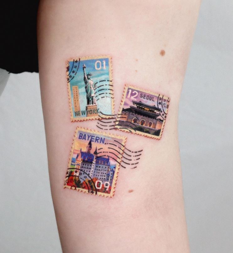 Tatouage Voyage Timbres à Destinations 