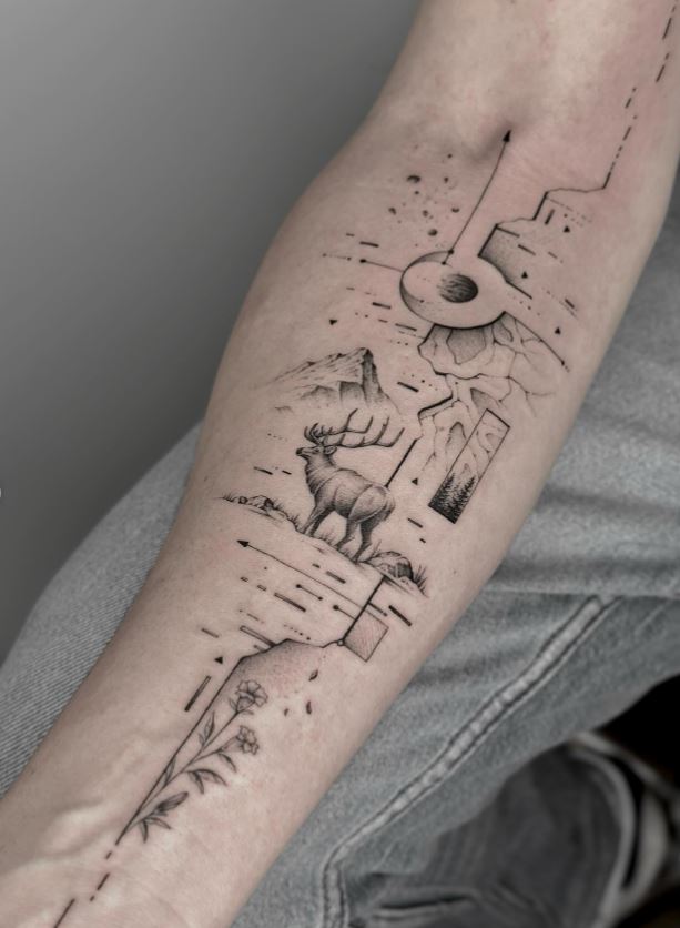 Tatouage Cerf Graphique Et Géométrique à Paysage 