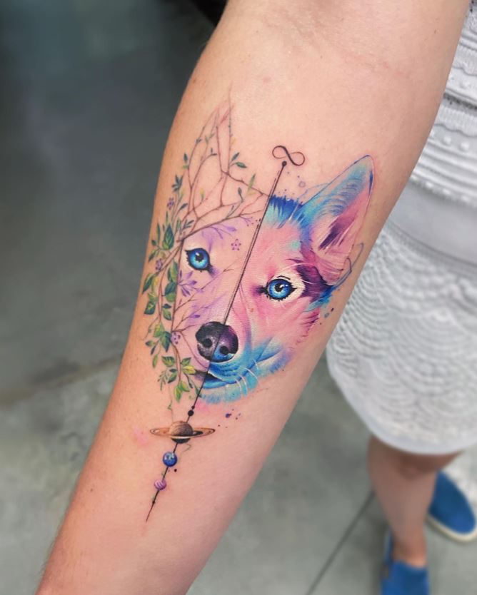 Tatouage Tête De Chien Et Branches De Feuilles