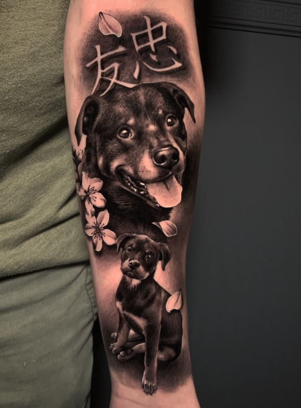 Tatouage Chien Et Fleurs De Cerisier 