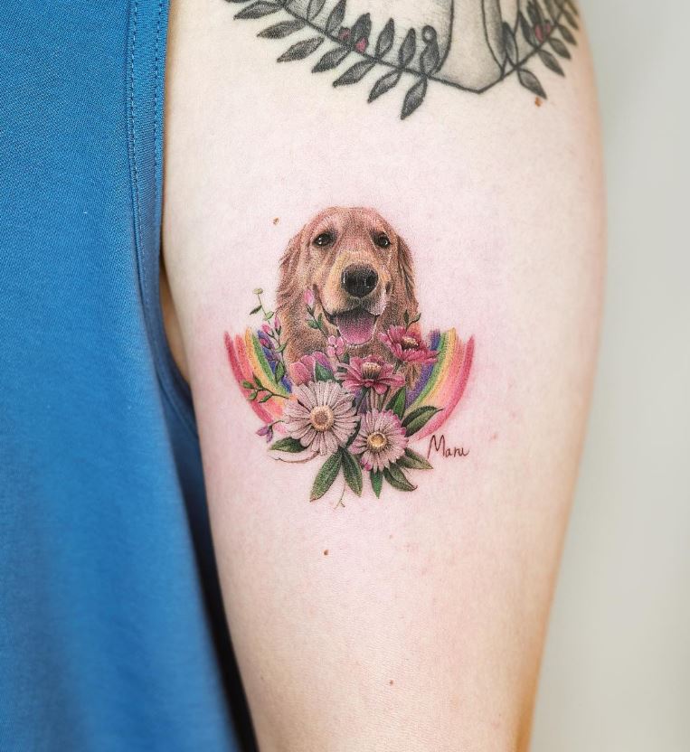 Tatouage Chien Et Arc En Ciel Floral 