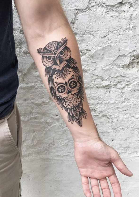 Tatouage Avant Bras Homme Hibou Et Tête De Mort 