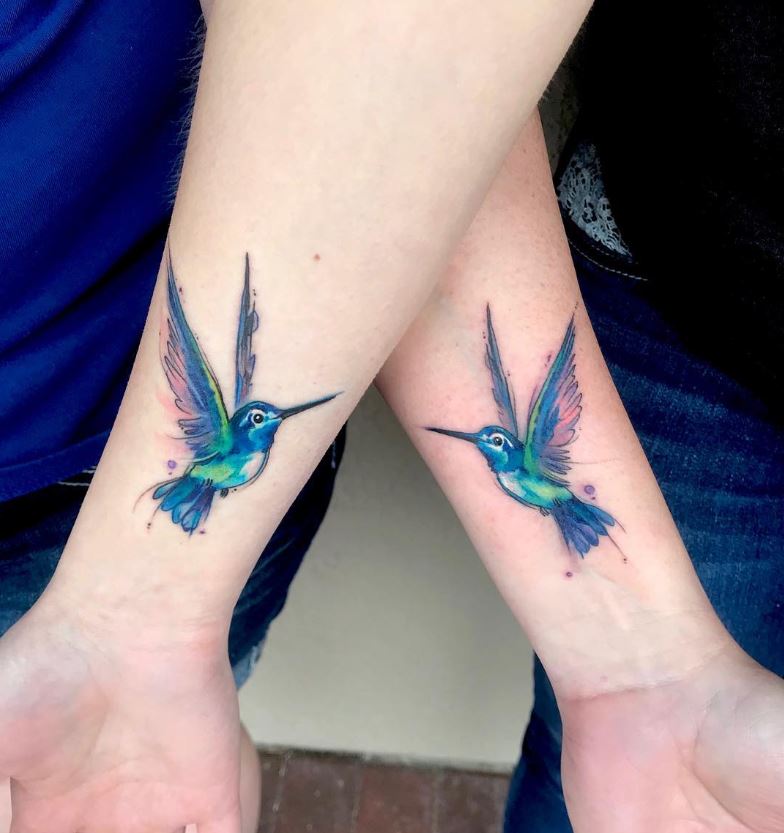 Tatouage Mère Fille Colibri En Aquarelle 