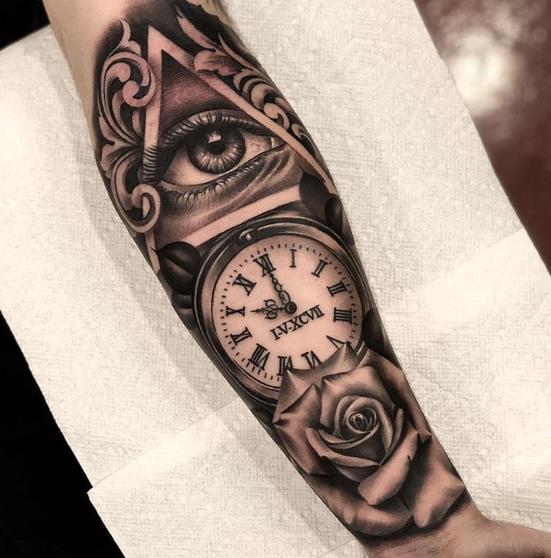 Tatouage Avant Bras Homme œil, Horloge Et Rose 