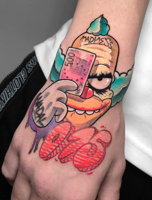 Tatouage Main Homme Krusty Le Clown 